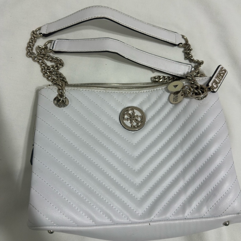 GUESS White Chevron Shoulder Bag with Silver Accents